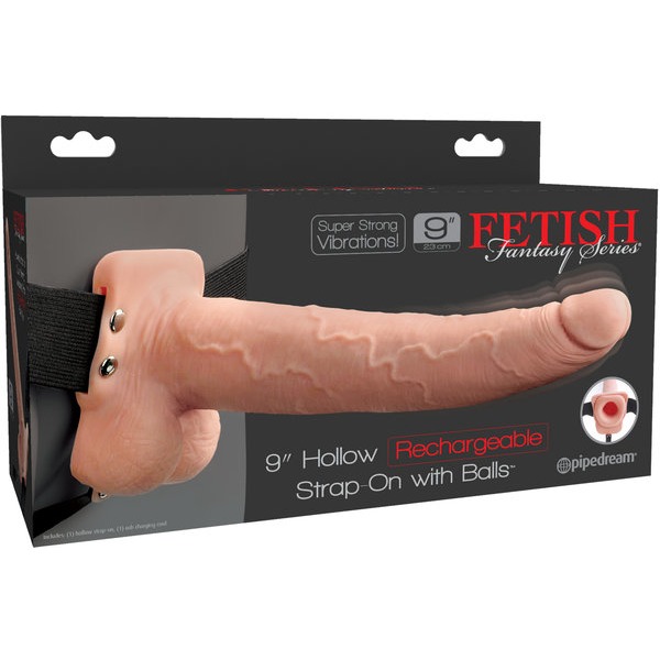 FETISH FANTASY 9 IN HOLLOW RECHARGEABLE STRAP-ON W/ BALLS
